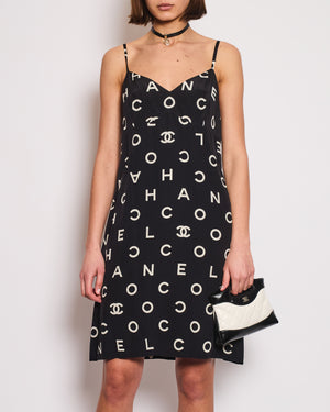 Chanel Vintage Runway 97S Black, White CC Logo Slip Dress and Jacket Set with CC Chanel Button Size FR 42 (UK 14)