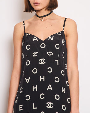 Chanel Vintage Runway 97S Black, White CC Logo Slip Dress and Jacket Set with CC Chanel Button Size FR 42 (UK 14)