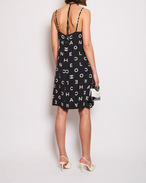 Chanel Vintage Runway 97S Black, White CC Logo Slip Dress and Jacket Set with CC Chanel Button Size FR 42 (UK 14)