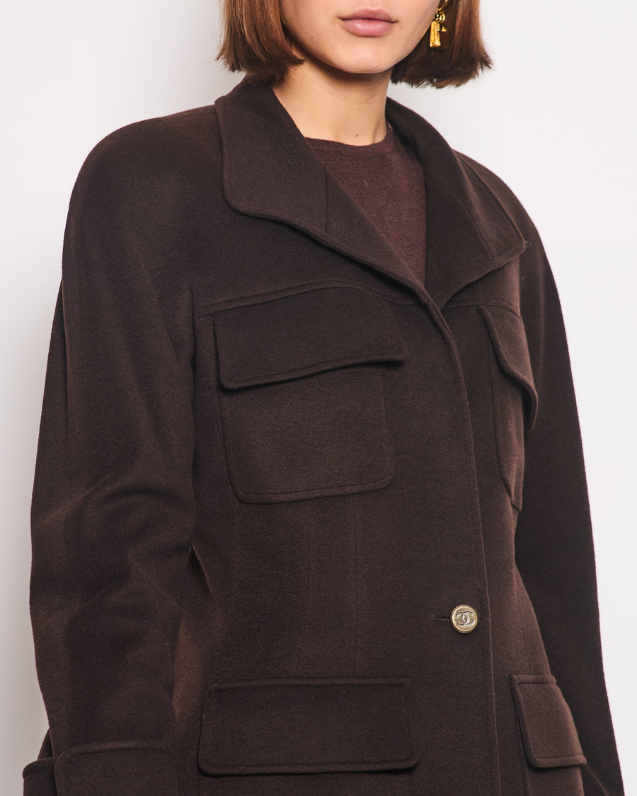 Chanel 98A Brown Cashmere Coat With Shoulder Pads and Pocket Details FR 42 (UK 14)