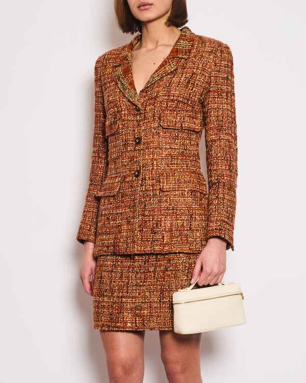 *HOT* Chanel 98A Vintage Burnt Orange & Multicolour Tweed Long Jacket and Skirt Set with Brown CC Logo Buttons Size FR 36 (UK 8)