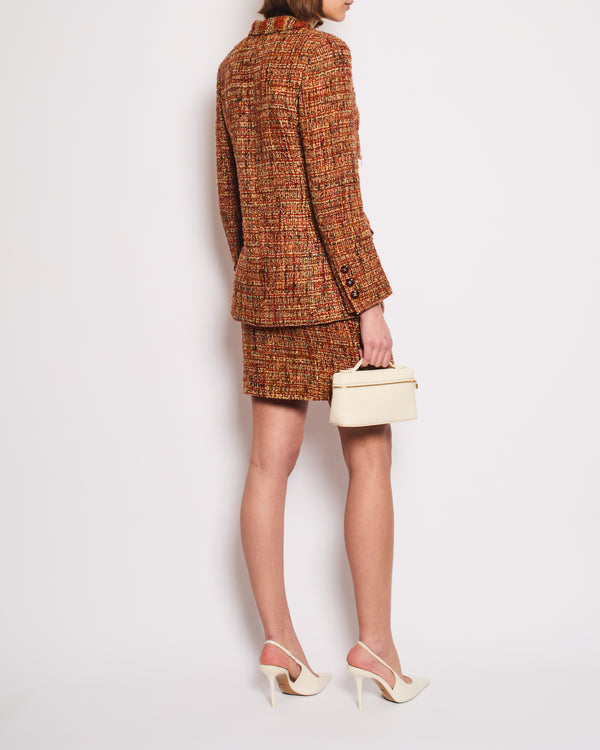 *HOT* Chanel 98A Vintage Burnt Orange & Multicolour Tweed Long Jacket and Skirt Set with Brown CC Logo Buttons Size FR 36 (UK 8)