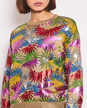 Chanel Coco Cuba Resort 2017 Multicolour and Metallic Gold Jumper with Floral Mosaic Detail Size FR 38 (UK 10)