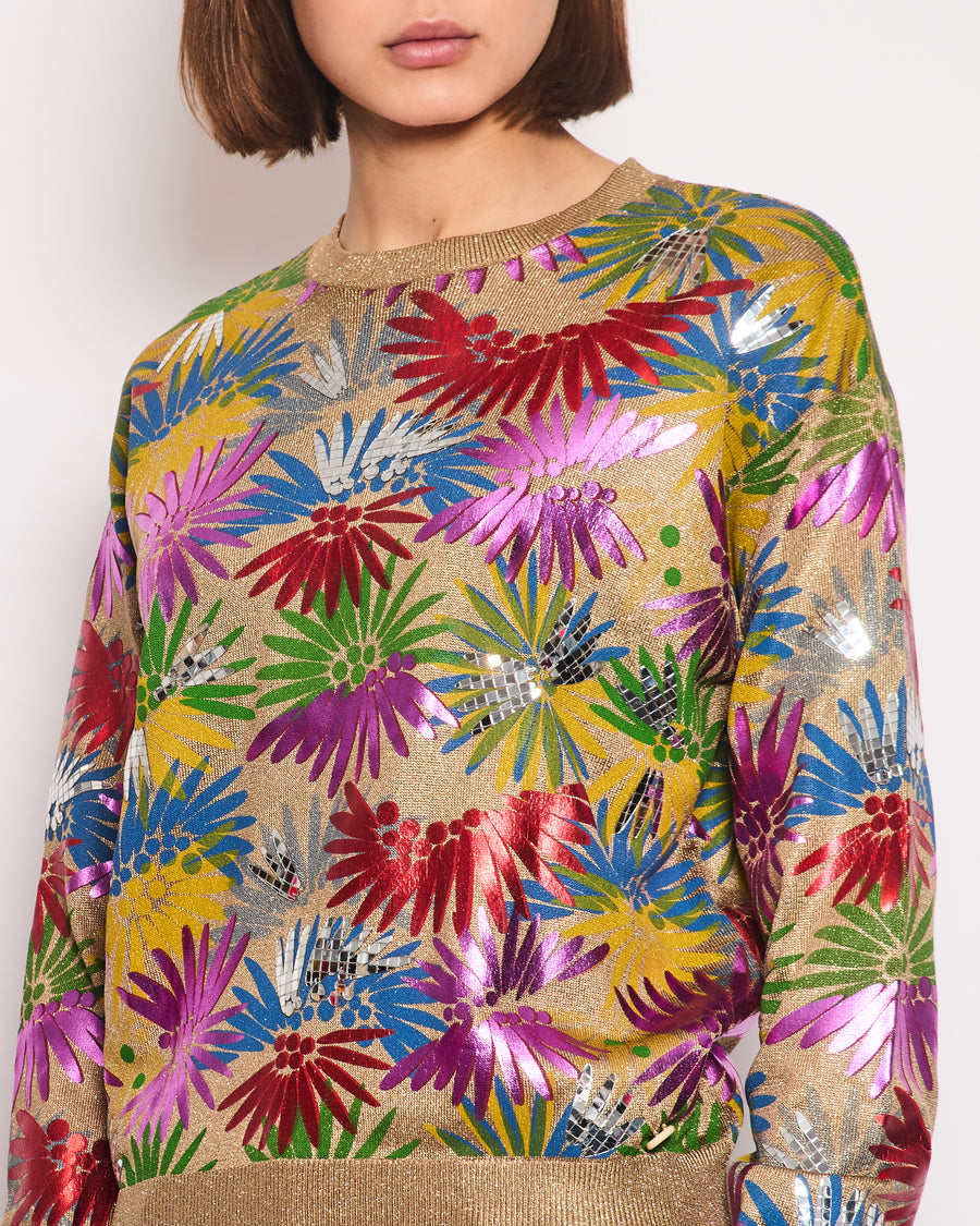 Chanel Coco Cuba Resort 2017 Multicolour and Metallic Gold Jumper with Floral Mosaic Detail Size FR 38 (UK 10)