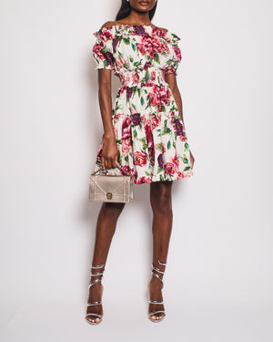 Dolce & Gabbana White and Pink Off-Shoulder Dress with Floral Print Details Size IT 40 (UK 8)