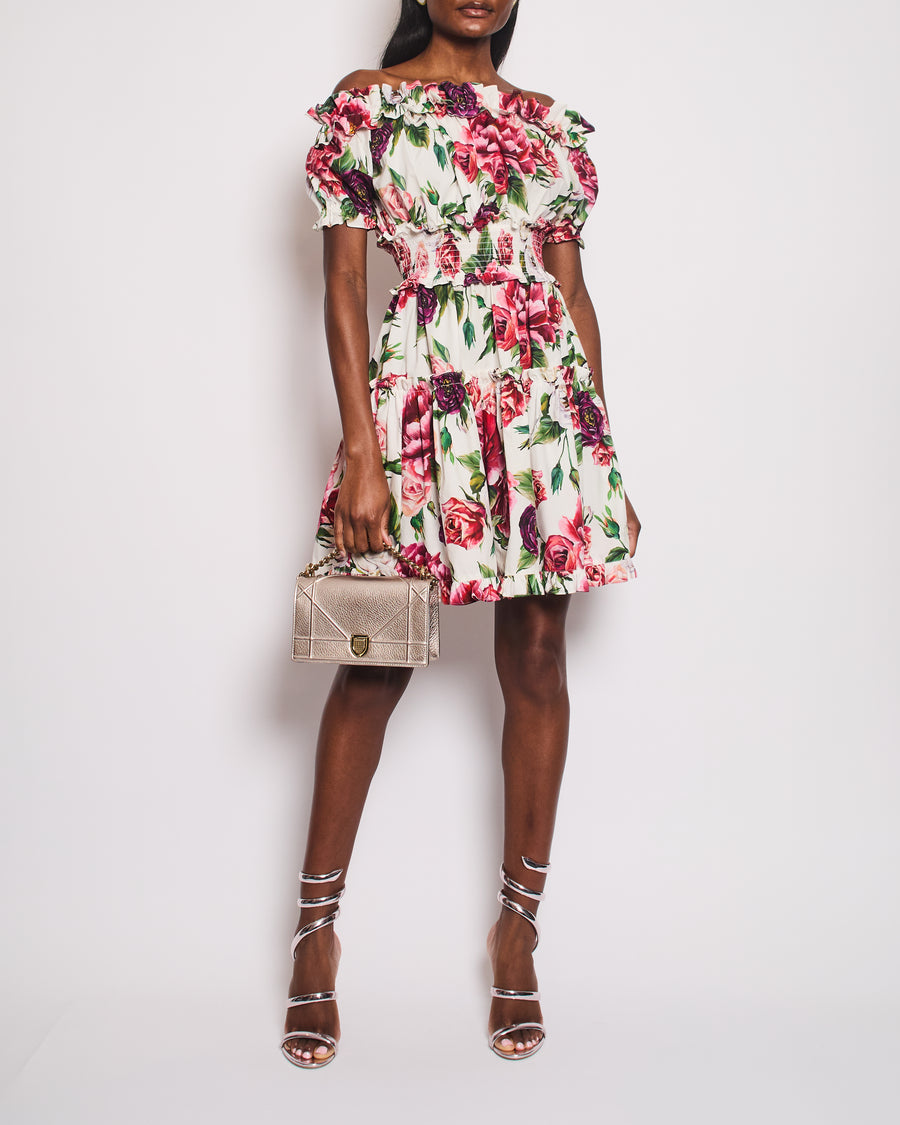 Dolce & Gabbana White and Pink Off-Shoulder Dress with Floral Print Details Size IT 40 (UK 8)