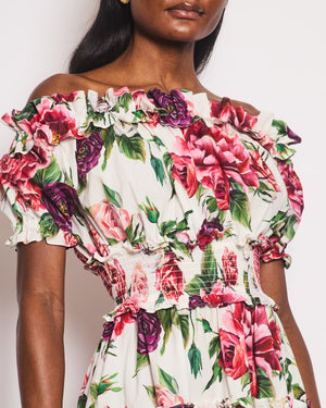 Dolce & Gabbana White and Pink Off-Shoulder Dress with Floral Print Details Size IT 40 (UK 8)