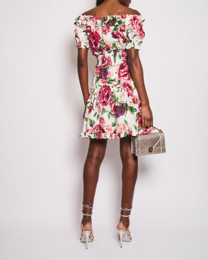 Dolce & Gabbana White and Pink Off-Shoulder Dress with Floral Print Details Size IT 40 (UK 8)