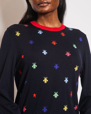 Gucci Navy Long Sleeve Jumper with Bees and Red Detail IT 40 (UK 8)