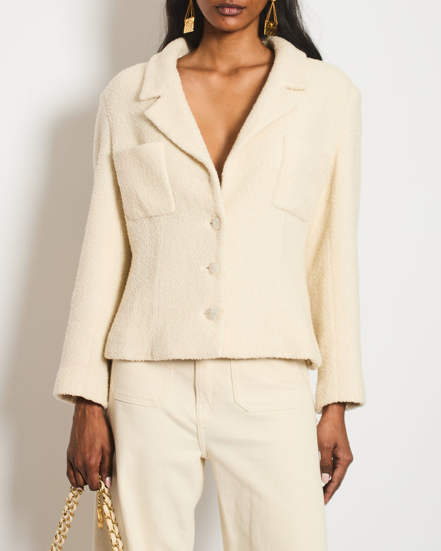 Chanel Cream Tweed Jacket with Ivory Logo CC Button Details Size FR 38 (UK 10)