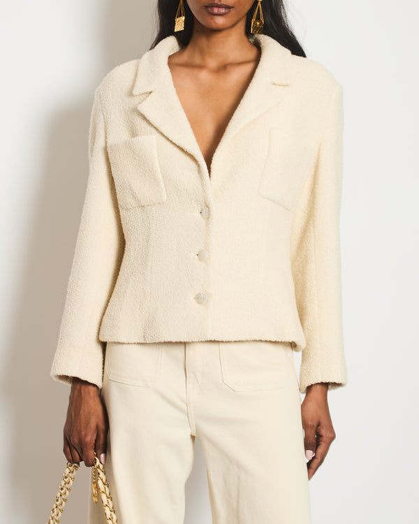 Chanel Cream Tweed Jacket with Ivory Logo CC Button Details Size FR 38 (UK 10)