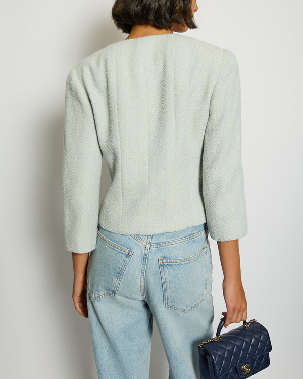 Chanel 00C Baby Blue Tweed Jacket with Silver Logo Button Details Size FR 38 (UK 10)