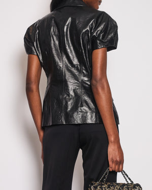 Christian Dior Black Distressed Lambskin Leather Short-Sleeve Top with CD Logo Detail Size FR 42 (UK 14)