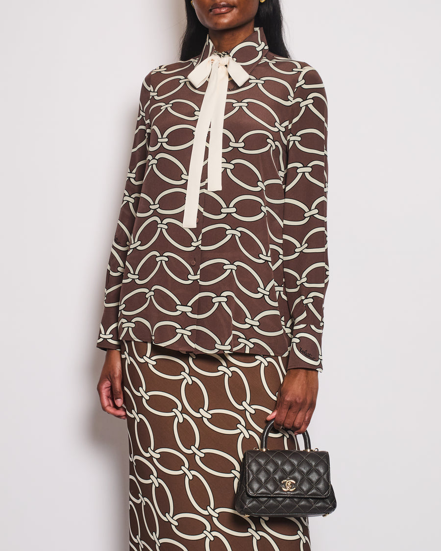 Valentino Brown and White Silk Blouse and Maxi Skirt Set with Printed Details Size IT 40/42 (UK 8/10)