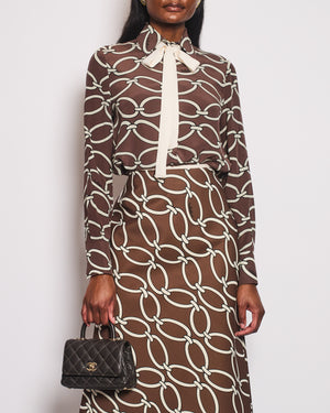 Valentino Brown and White Silk Blouse and Maxi Skirt Set with Printed Details Size IT 40/42 (UK 8/10)