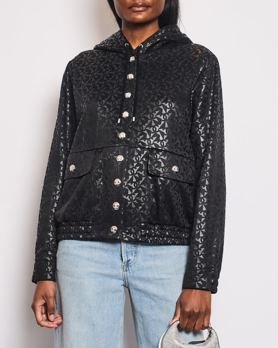 Chanel 2023 Coco Neige Black CC Logo Hooded Jacket with CC Crystal Buttons Detailing Size FR 42 (UK 14) RRP £3,630