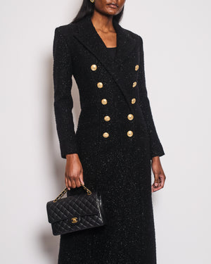 Balmain Black Embellished Tweed Maxi Coat with Gold Button Details Size FR 38 (UK 10)