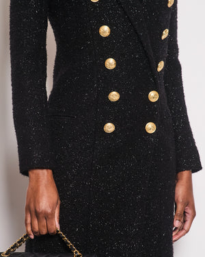 Balmain Black Embellished Tweed Maxi Coat with Gold Button Details Size FR 38 (UK 10)