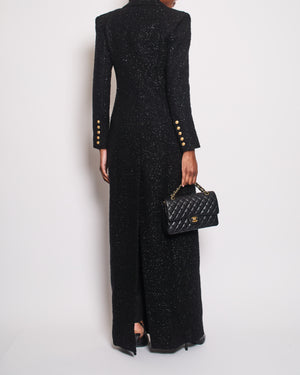 Balmain Black Embellished Tweed Maxi Coat with Gold Button Details Size FR 38 (UK 10)