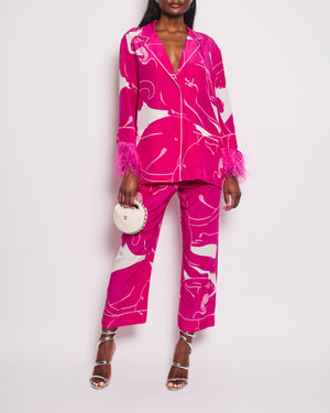Valentino Hot Pink and White Silk Printed Blouse and Matching Trousers Set with Feathers Size IT 40/42 (UK 8/10)