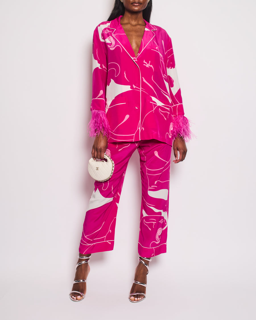 Valentino Hot Pink and White Silk Printed Blouse and Matching Trousers Set with Feathers Size IT 40/42 (UK 8/10)