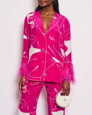 Valentino Hot Pink and White Silk Printed Blouse and Matching Trousers Set with Feathers Size IT 40/42 (UK 8/10)