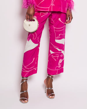 Valentino Hot Pink and White Silk Printed Blouse and Matching Trousers Set with Feathers Size IT 40/42 (UK 8/10)