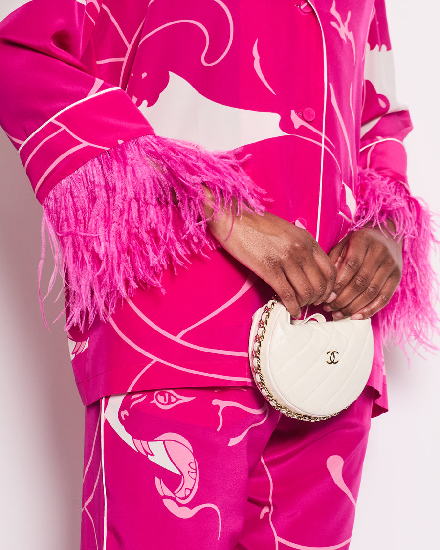 Valentino Hot Pink and White Silk Printed Blouse and Matching Trousers Set with Feathers Size IT 40/42 (UK 8/10)