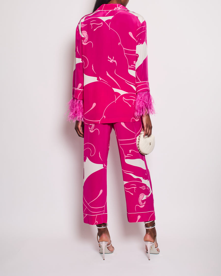 Valentino Hot Pink and White Silk Printed Blouse and Matching Trousers Set with Feathers Size IT 40/42 (UK 8/10)