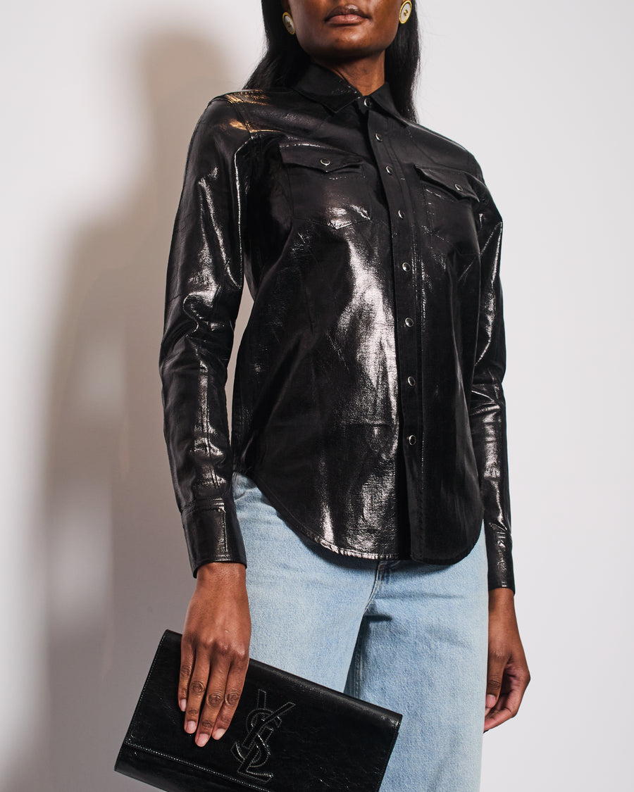 Saint Laurent Black Vinyl Longsleeve Shirt with Pocket Detail Size S (UK 8)