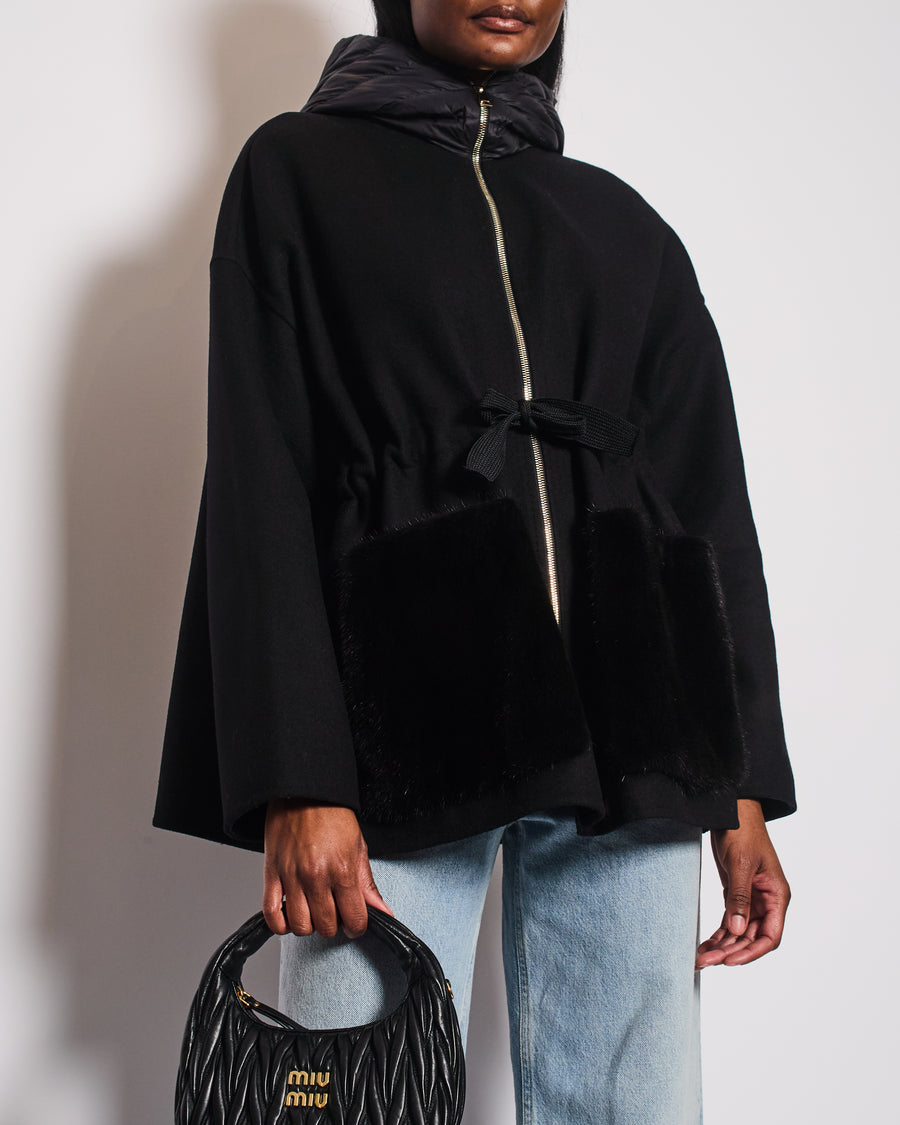 Moncler Black Hooded Jacket with Mink Sleeve Pocket and Waist Tye Detail Size 3 (UK 14)