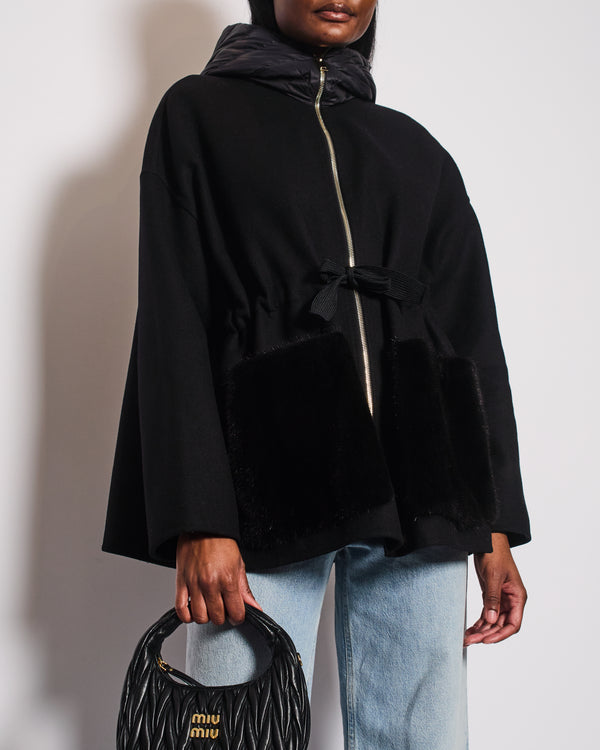 Moncler Black Hooded Jacket with Mink Sleeve Pocket and Waist Tye Detail Size 3 (UK 14)