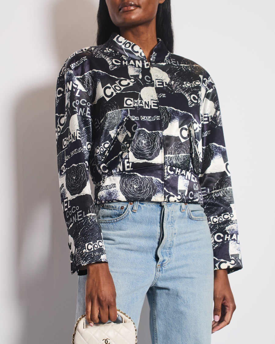 Chanel Navy Logo Printed Bomber Jacket with Embellished CC Button Details Size FR 38 (UK 10)