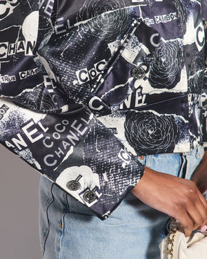 Chanel Navy Logo Printed Bomber Jacket with Embellished CC Button Details Size FR 38 (UK 10)