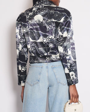 Chanel Navy Logo Printed Bomber Jacket with Embellished CC Button Details Size FR 38 (UK 10)