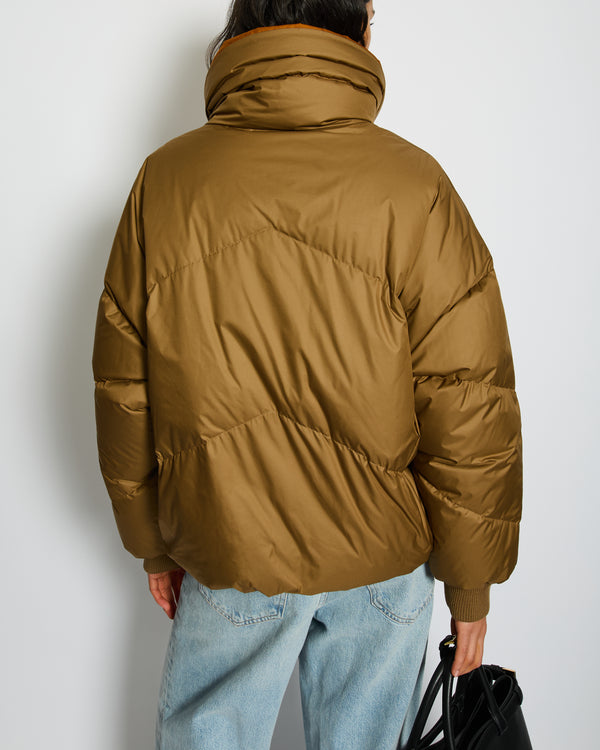 Hermès Khaki, Brown Reversible Puffer Jacket with Patch Logo Detail Size FR 38 UK 10