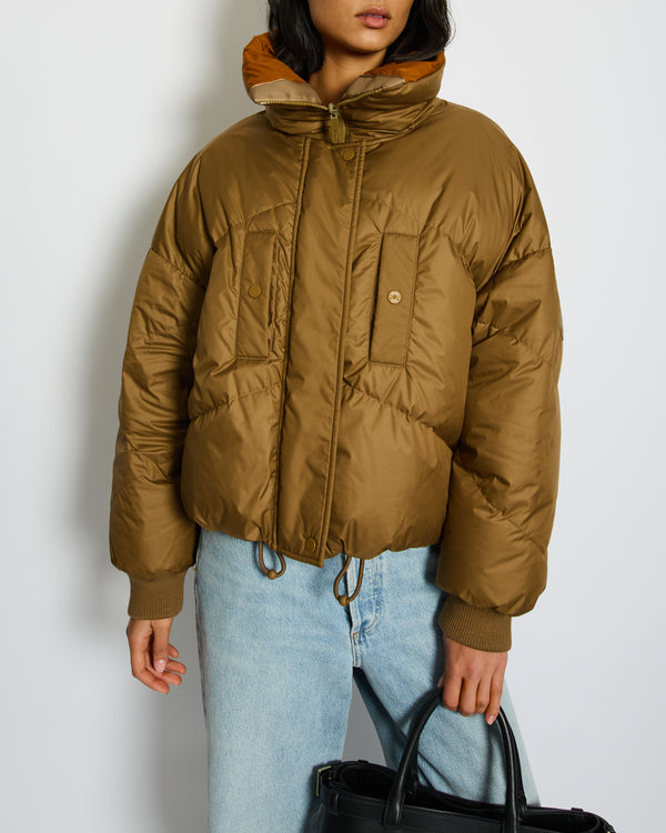 Hermès Khaki, Brown Reversible Puffer Jacket with Patch Logo Detail Size FR 38 UK 10