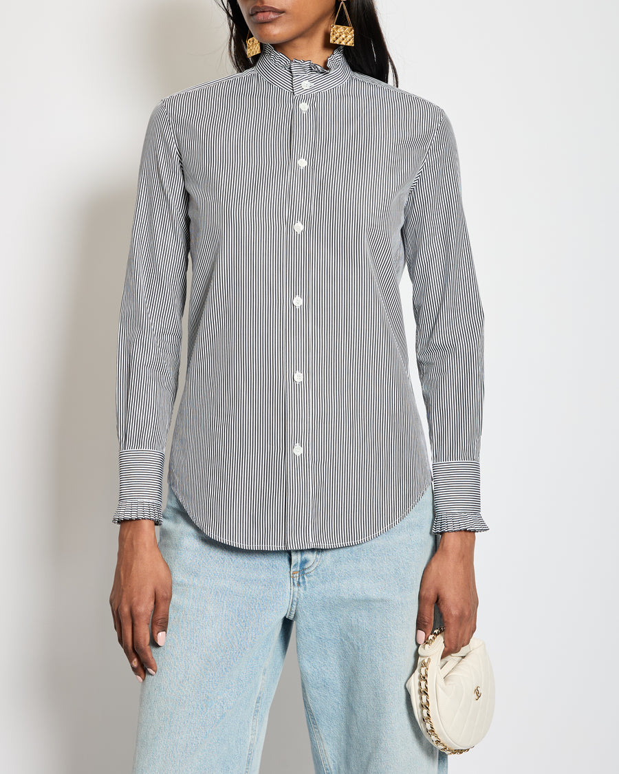 Celine Black Striped Button Down Collarless Shirt Size FR 34 (UK 6)