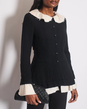 Chanel Black Wool Jacket with Ivory Silk Details and Embellished Buttons Size FR 38 (UK 10)