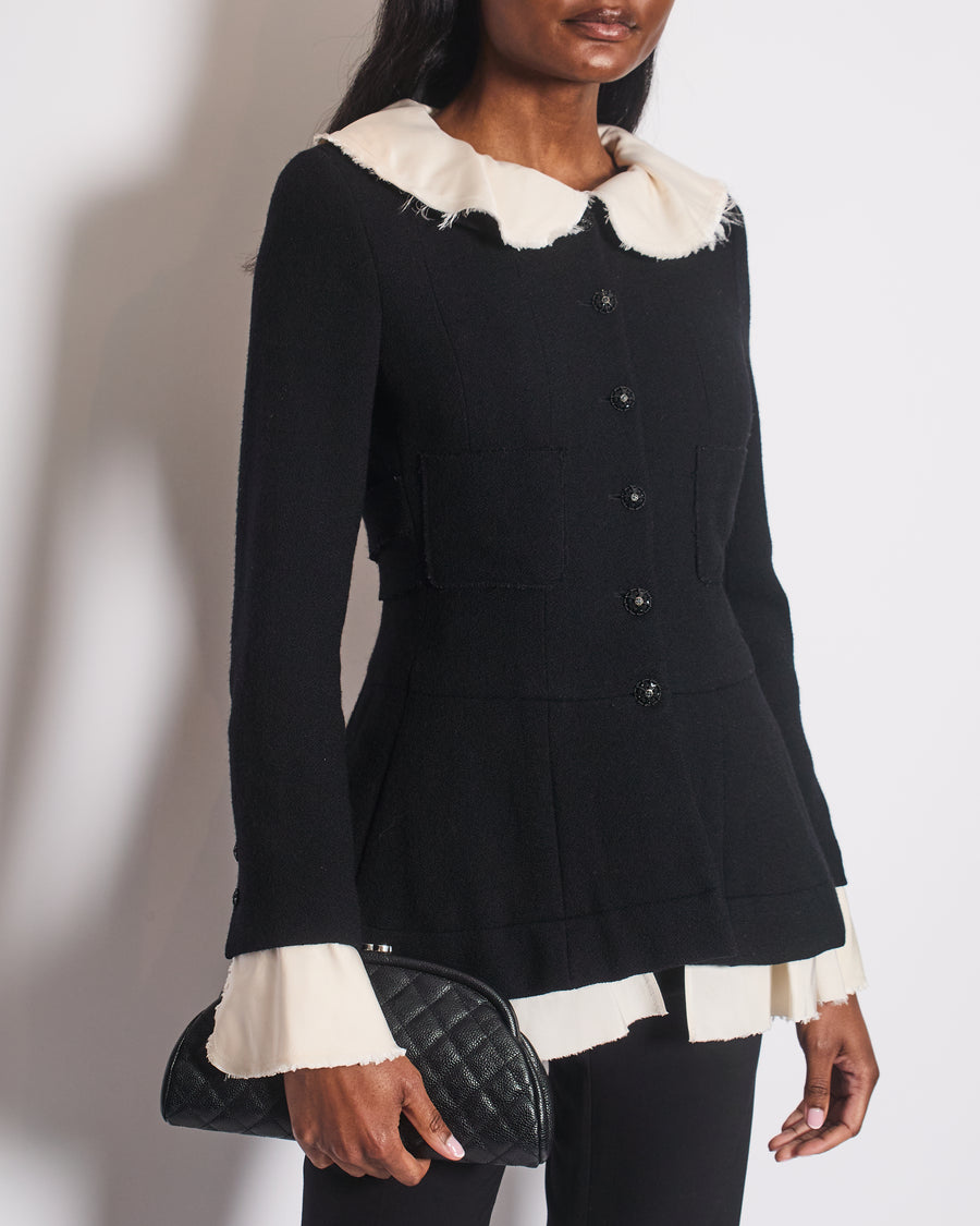 Chanel Black Wool Jacket with Ivory Silk Details and Embellished Buttons Size FR 38 (UK 10)
