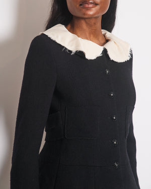 Chanel Black Wool Jacket with Ivory Silk Details and Embellished Buttons Size FR 38 (UK 10)