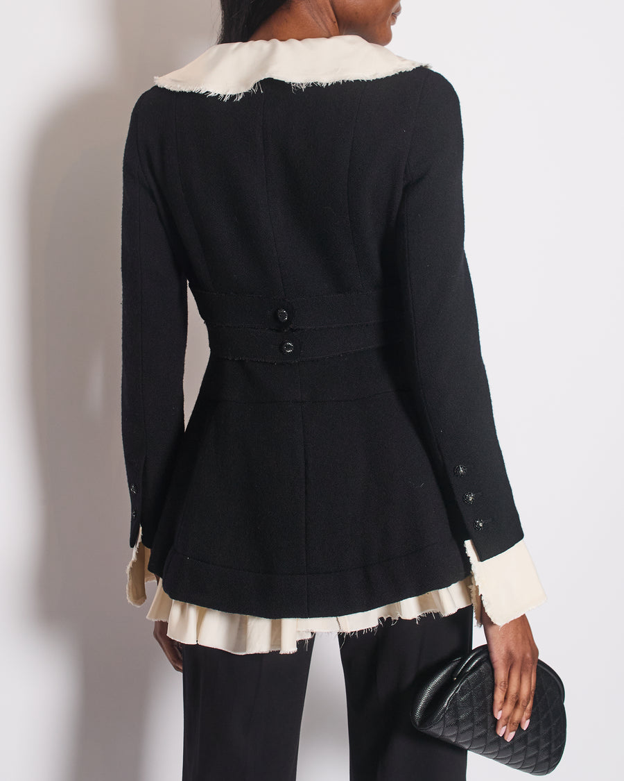 Chanel Black Wool Jacket with Ivory Silk Details and Embellished Buttons Size FR 38 (UK 10)