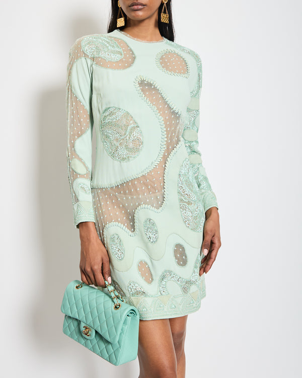 Emilio Pucci Pastel Green Suede Embellished Midi Dress with Mesh Detail IT 40 (UK 8)