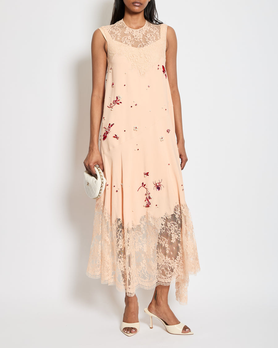 Erdem SS24 Light Pink Sleeveless Maxi Dress with Crystal Embellishments & Lace Trim Details Size UK 4 RRP £5,490
