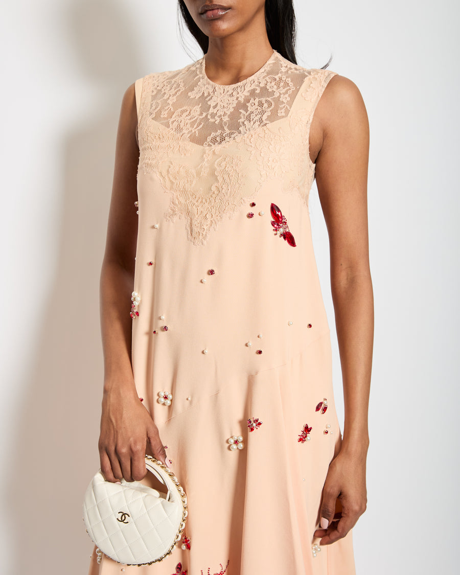 Erdem SS24 Light Pink Sleeveless Maxi Dress with Crystal Embellishments & Lace Trim Details Size UK 4 RRP £5,490