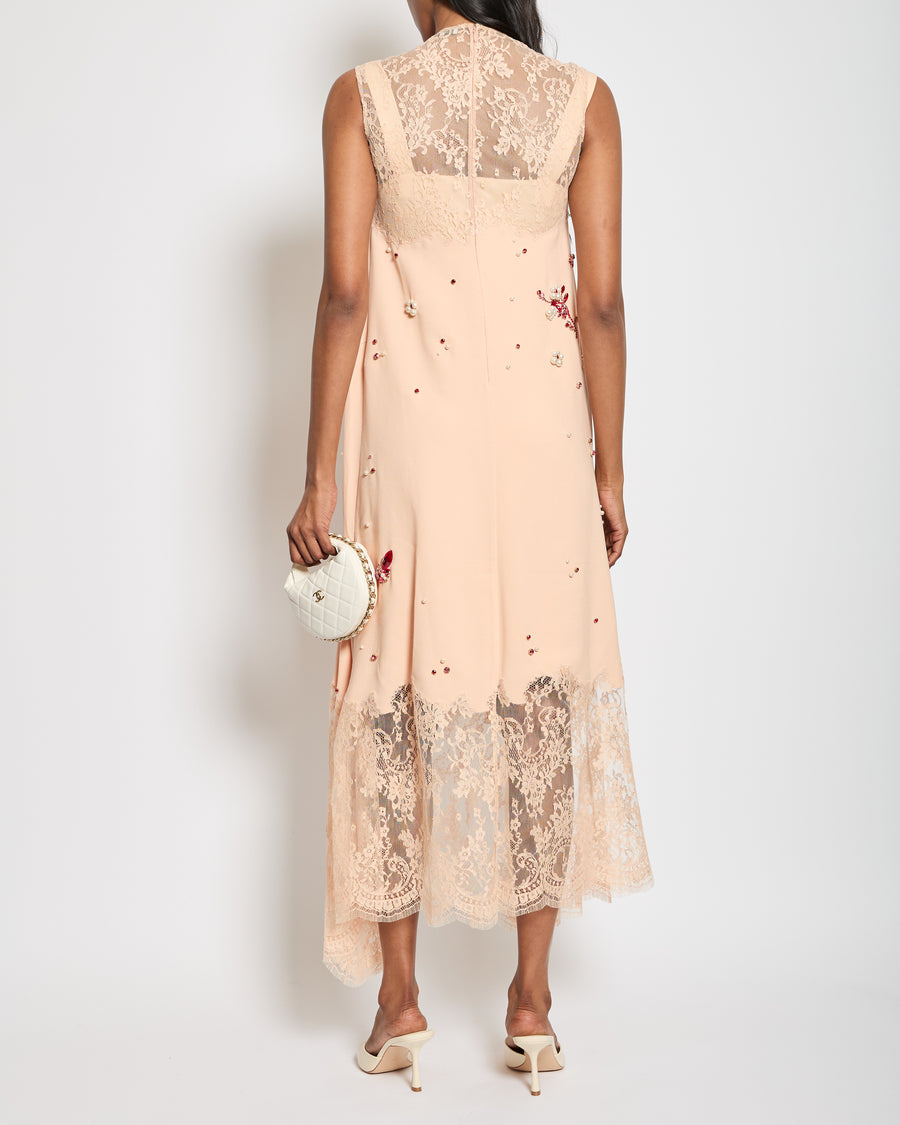 Erdem SS24 Light Pink Sleeveless Maxi Dress with Crystal Embellishments & Lace Trim Details Size UK 4 RRP £5,490