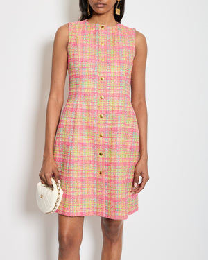Carolina Herrera Pink & Multicolour Tweed Dress with Gold Buttons Size 0 (UK 4) RRP £1650