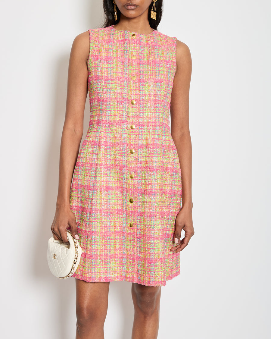 Carolina Herrera Pink & Multicolour Tweed Dress with Gold Buttons Size 0 (UK 4) RRP £1650