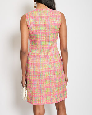 Carolina Herrera Pink & Multicolour Tweed Dress with Gold Buttons Size 0 (UK 4) RRP £1650
