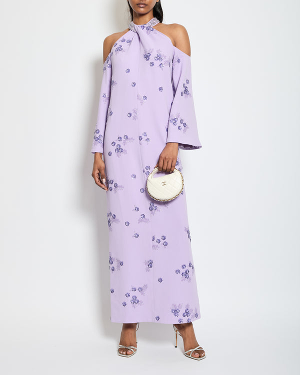 Huishan Zhang Pastel Violet Vitto Floral Embellished Long Sleeve Dress Size FR 34 (UK 6)